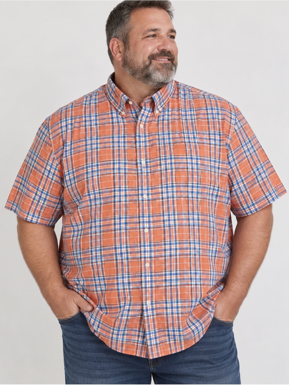 IZOD Men’s 4XL Plaid Button Down Shirt Short Sleeve Orange Blue Stretch